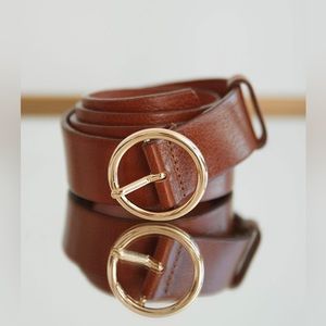 GENUINE letter belt in cognac size XL with gold buckle.